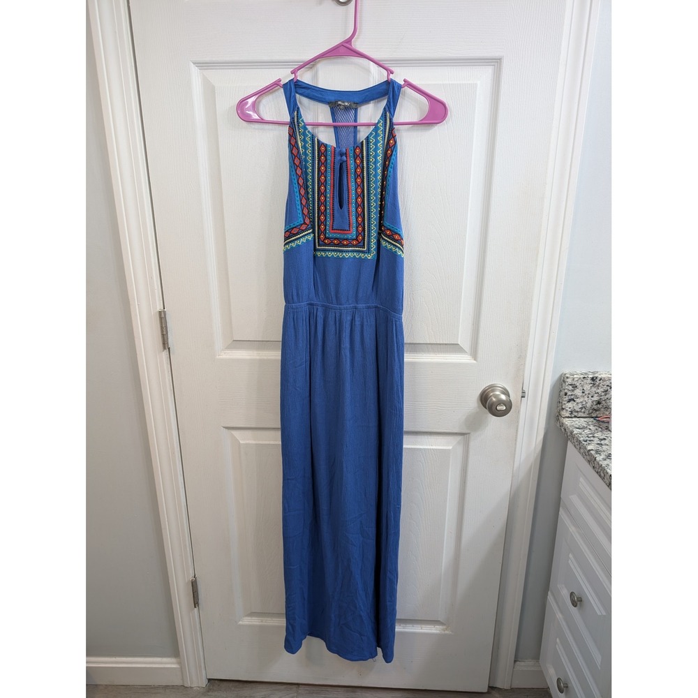 Miss Me Maxi Dress Womens Blue Embroidered Beaded Mesh Racerback - Size XS
